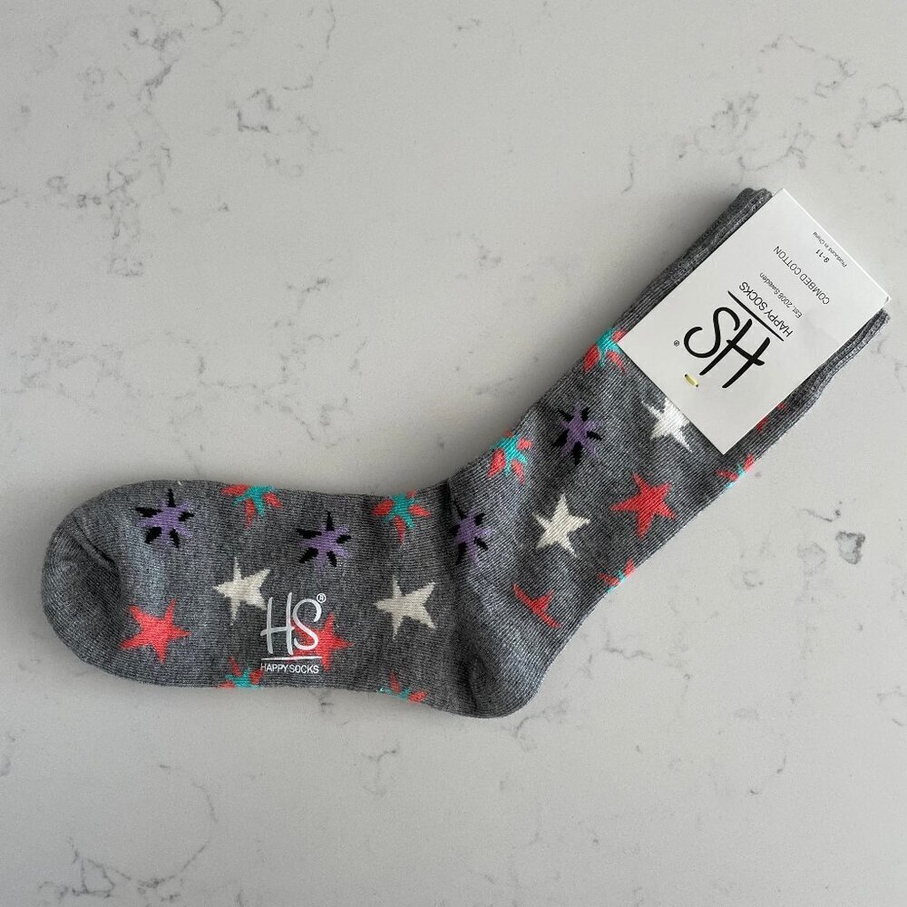 Happy Socks Est 2008 Sweden Star Print Crew Socks Charcoal Pink Wht 5.5-9.5 W